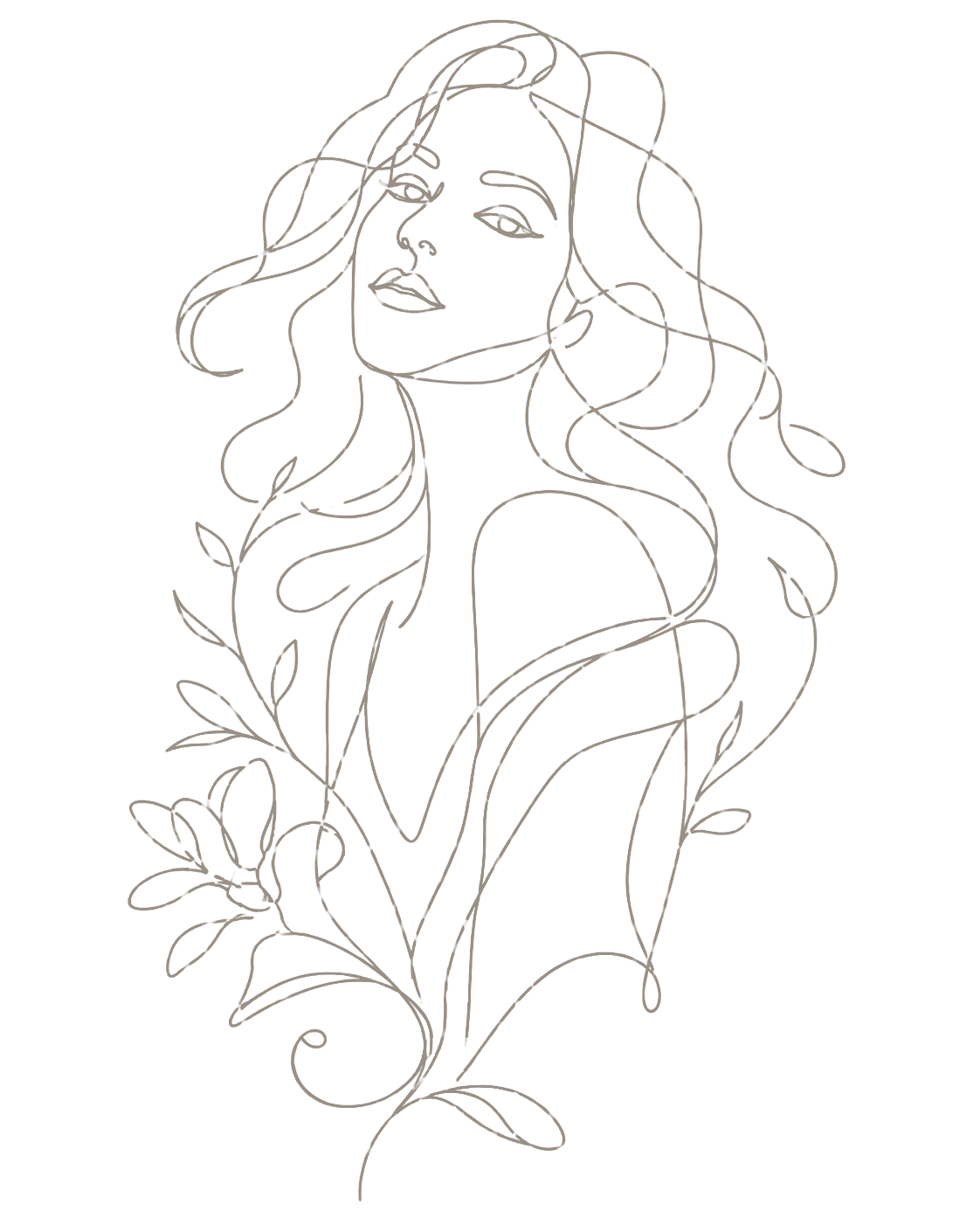 Custom flowing line illustration of a confident woman with botanical details